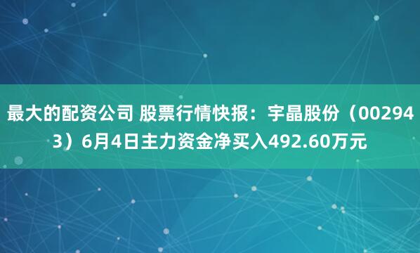 最大的配资公司 股票行情快报：宇晶股份（002943）6月4日主力资金净买入492.60万元