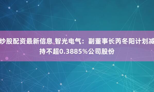 炒股配资最新信息 智光电气：副董事长芮冬阳计划减持不超0.3885%公司股份